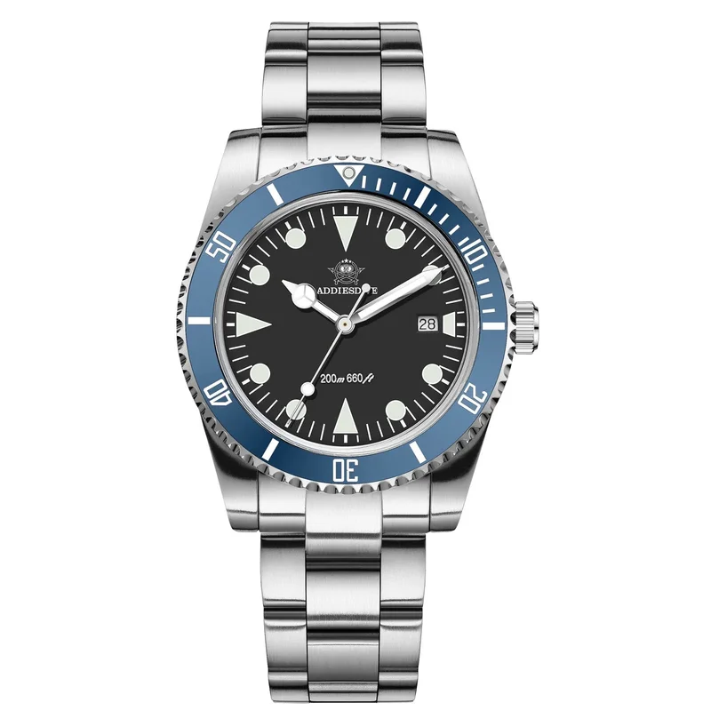 ADDIESDIVE 39mm Quartz Watch with Bi-directional Rotating Bezel AD2068 Black+Blue