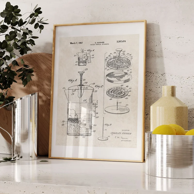 Coffee French Press Patent Wall Art Vintage Paper