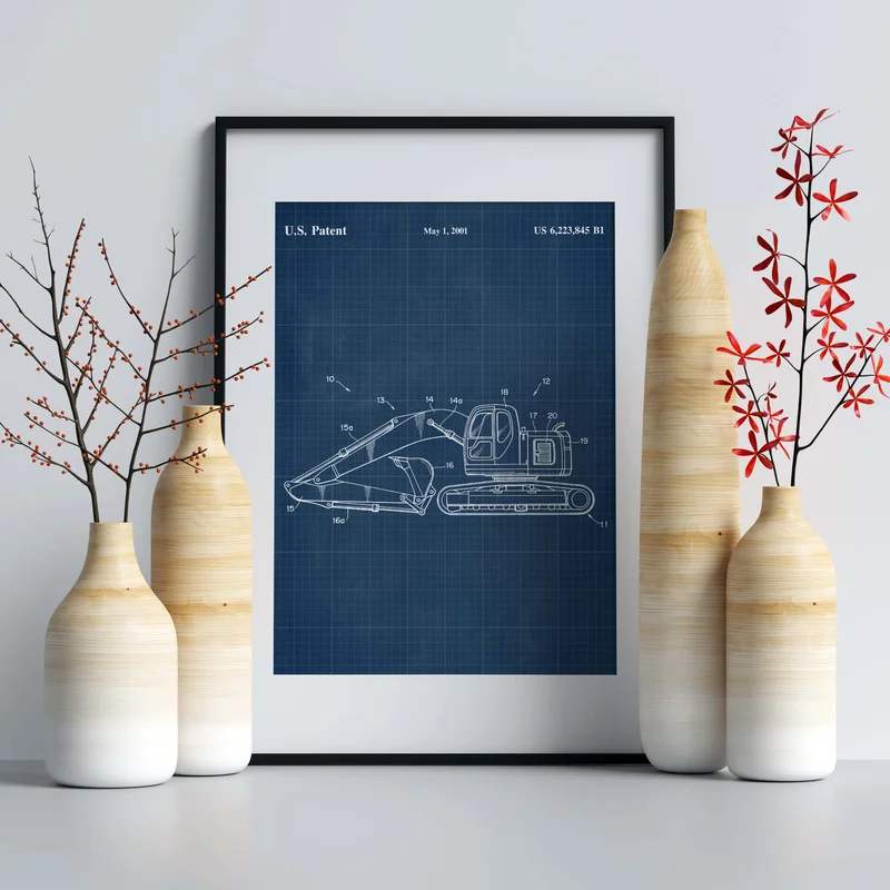 Construction Vehicle Excavator Patent Wall Art - Blueprint