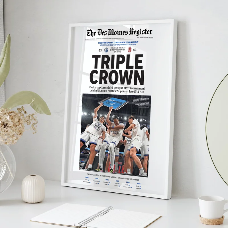 Drake Basketball MVC Tournament Three-Peat Front Page Wall Art