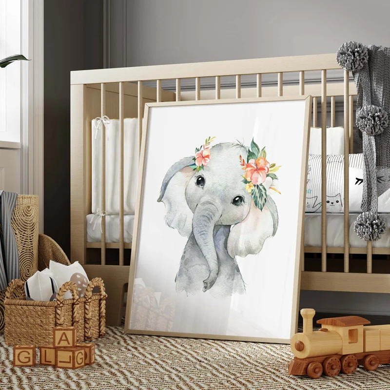 Elephant Baby Animal Watercolor Wall Art Floral Pink