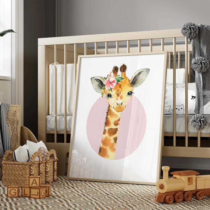Giraffe Baby Animal Watercolor Wall Art Floral Pink