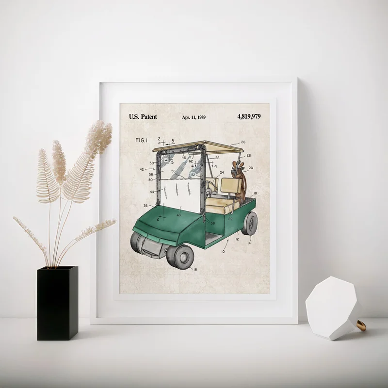 Golf Cart Patent Wall Art Color on Vintage Paper
