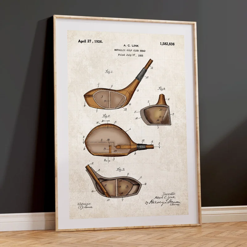Golf Club Patent Wall Art Color on Vintage Paper
