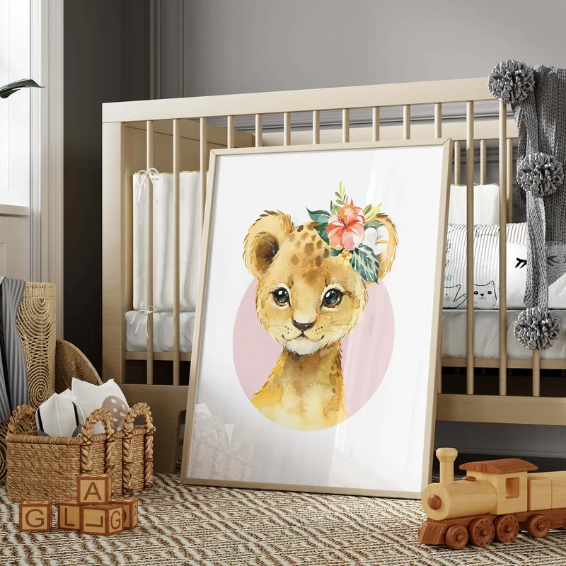 Lion Baby Animal Watercolor Wall Art Floral Pink