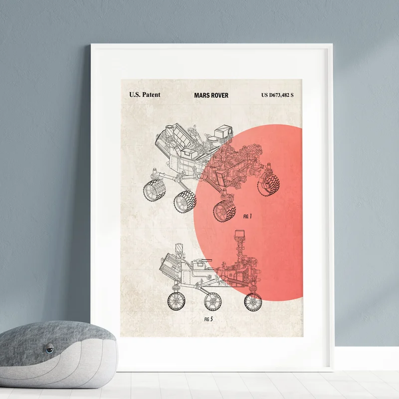 Mars Rover Patent Wall Art Red on Vintage Paper