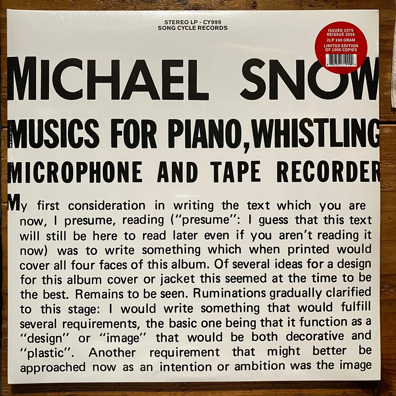 Michael Snow - Music For Piano, Whistling, Microphone And Tape Recorder (2LP)
