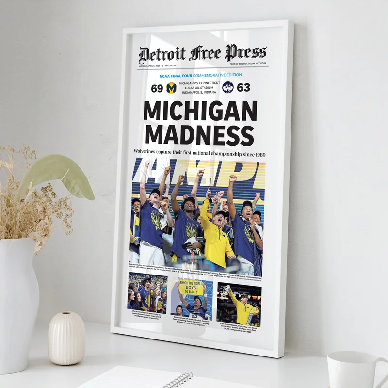 Michigan Madness UM Basketball 2026 Champs Detroit Free Press Front Page Wall Art