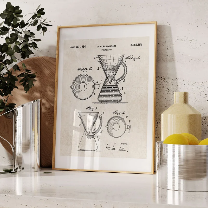 Pour-Over Coffeemaker Patent Wall Art Vintage Paper