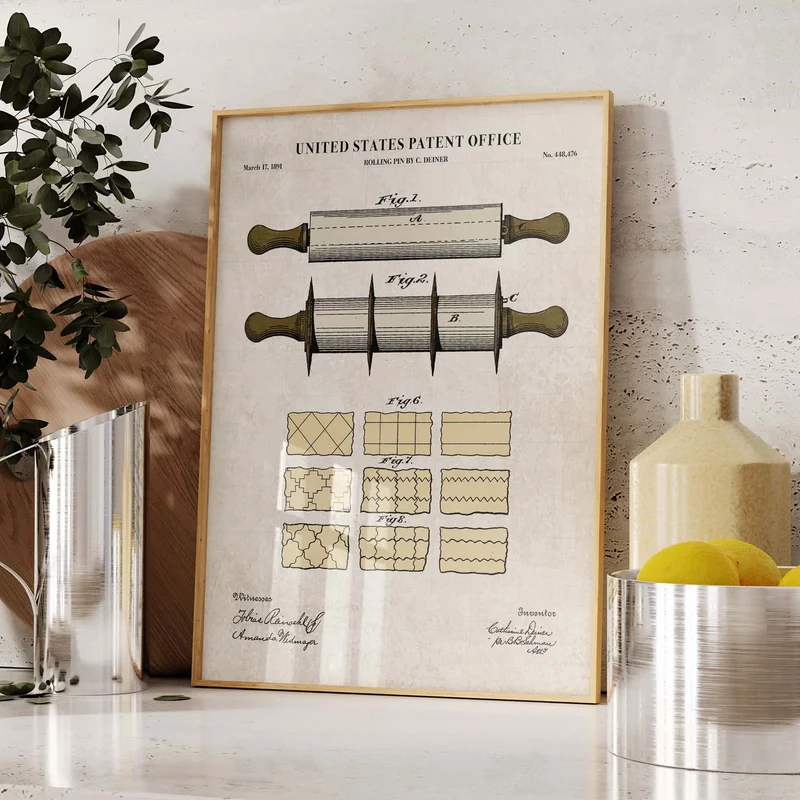 Rolling Pin Patent Wall Art Color on Vintage Paper