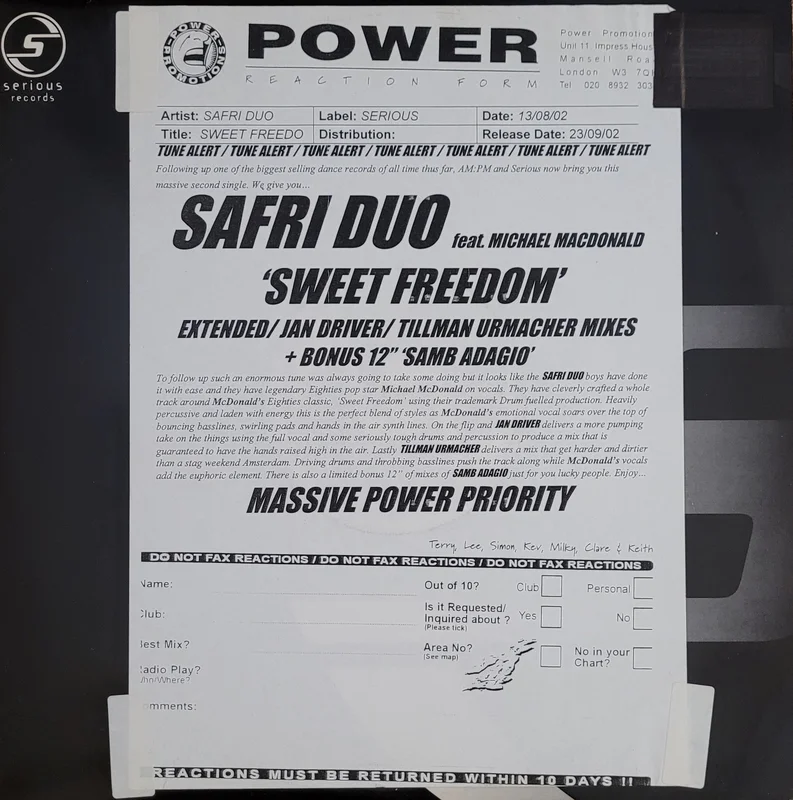 Safri Duo Feat. Michael McDonald  Sweet Freedom 12" Single (Promo)