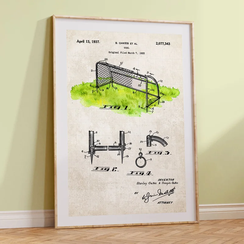 Soccer Goal Patent Wall Art Color on Vintage Paper