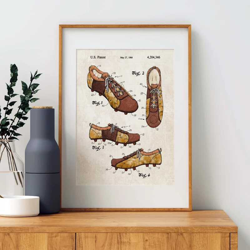 Soccer Shoe Patent Wall Art Color on Vintage Paper