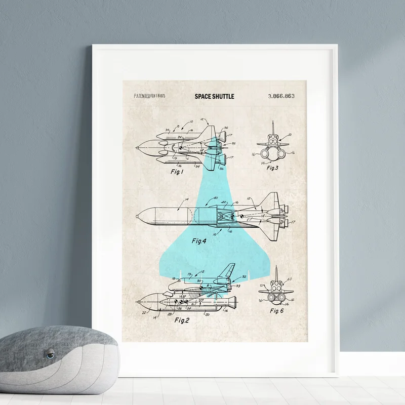 Space Shuttle Patent Wall Art Blue Shuttle on Vintage Paper