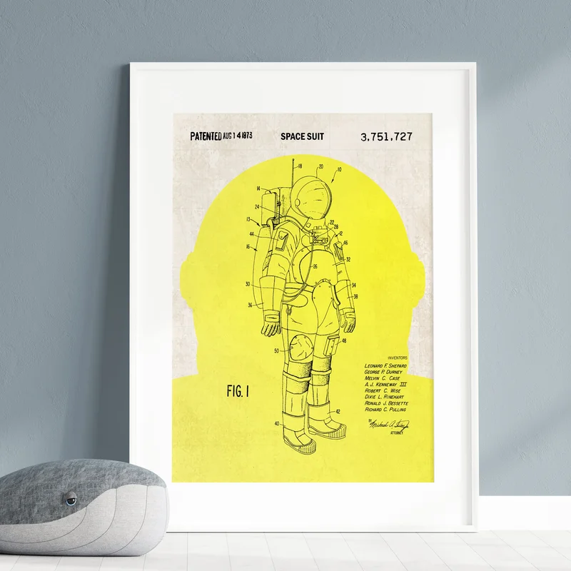 Space Suit Patent Wall Art Yellow on Vintage Paper