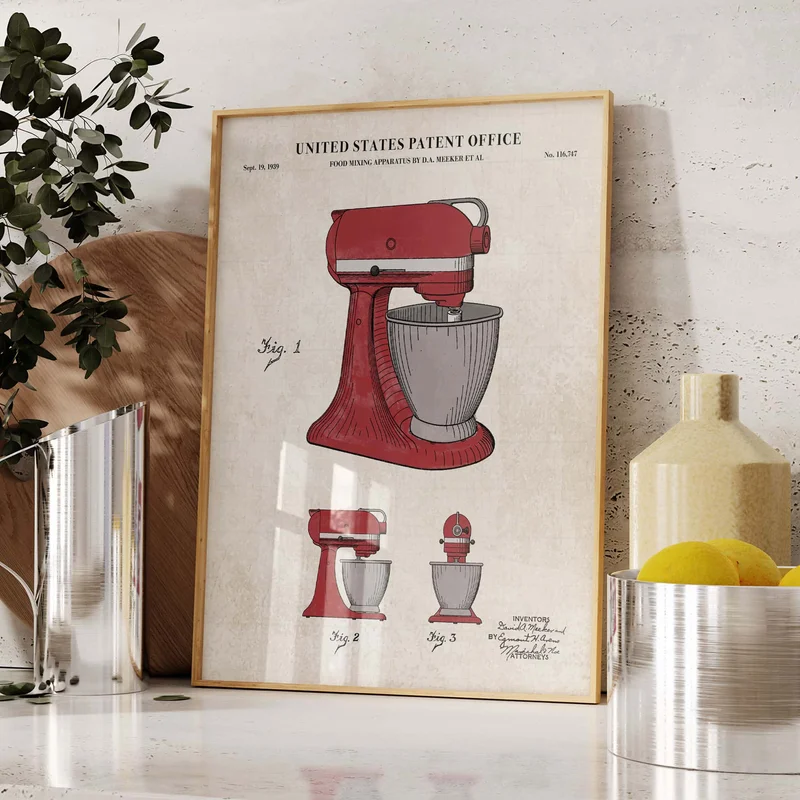 Stand Mixer Patent Wall Art Color on Vintage Paper