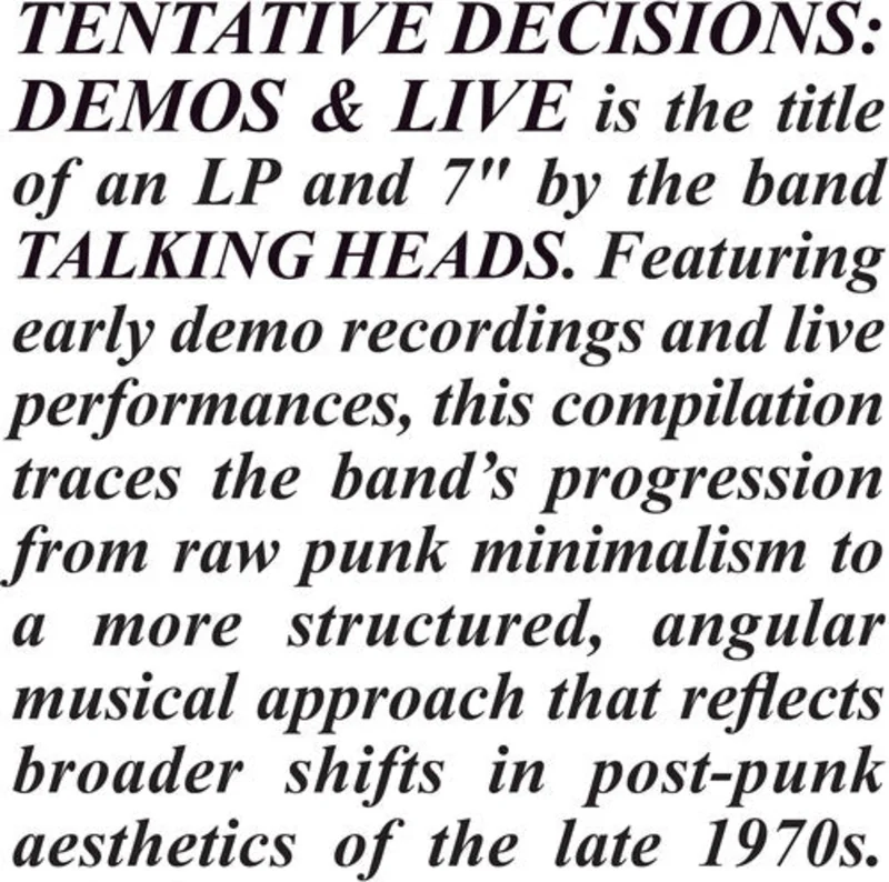 Talking Heads - Tentative Decisions - Special LP release for BF25 w/ bonus 7"