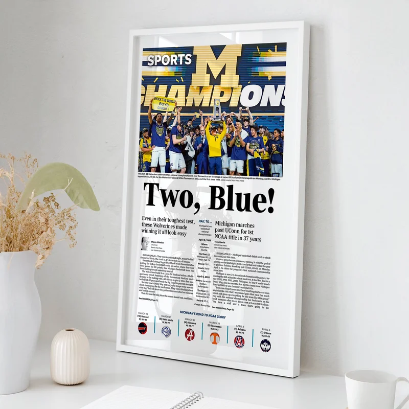 Two, Blue! UM Basketball 2026 Champs Detroit Free Press Front Page Wall Art
