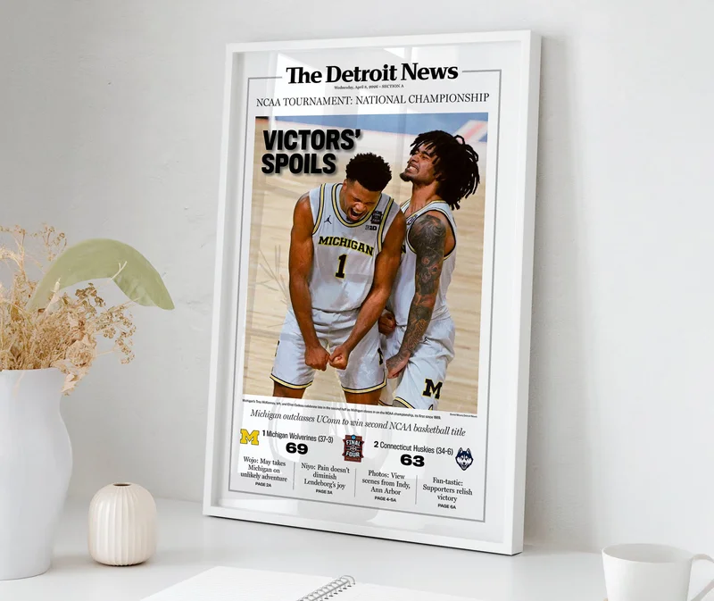 VICTORS' SPOILS! UM Basketball 2026 Champs Detroit News Front Page Wall Art